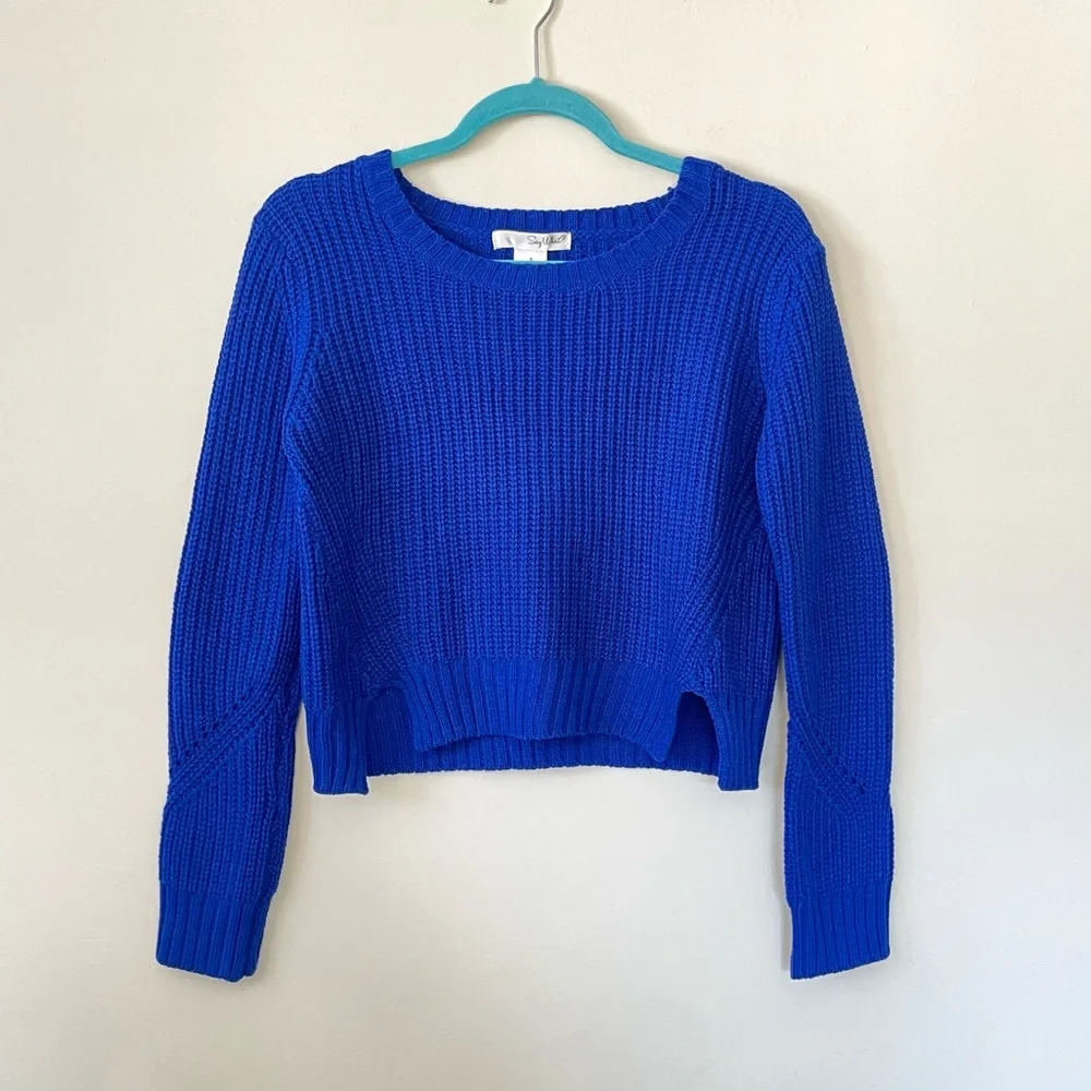 Say What? Royal Blue Cropped Long Sleeve Sweater Top Size Small